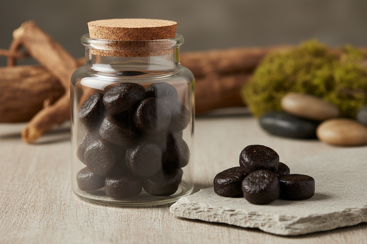 gomitas de shilajit en su embase sin las letras del embase, que resalte lo natural y un poco mas oscuras de color las gomitas 